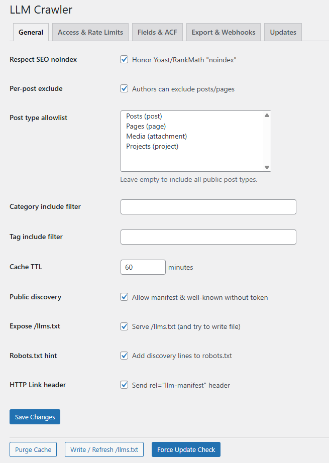 The &amp;amp;quot;general&amp;amp;quot; tab of the plugin, where users can edit how SEO no index is respected, how posts are included, and other useful features