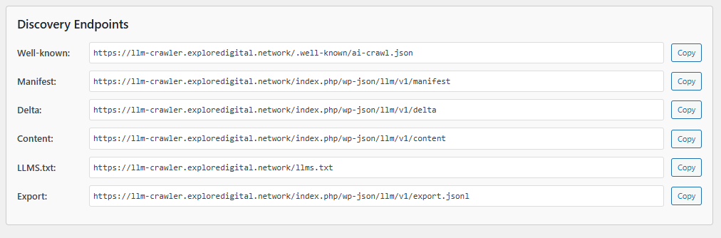 A list of endpoints that can be set and edited within the plugin