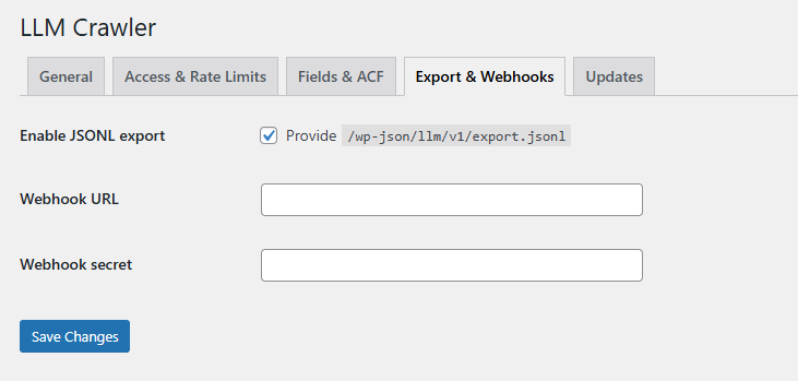 The Export and Webhooks tab of the plugin, where JSON export can be provided and webhook url set